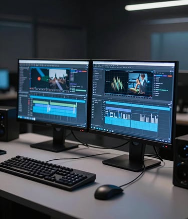 A high-tech digital production studio in a modern Brazilian workspace. Shallow depth of field focusing on a sleek editing workstation with dual monitors showing complex video timelines and glowing blue interfaces. The background is a dark, sophisticated dark-mode environment.