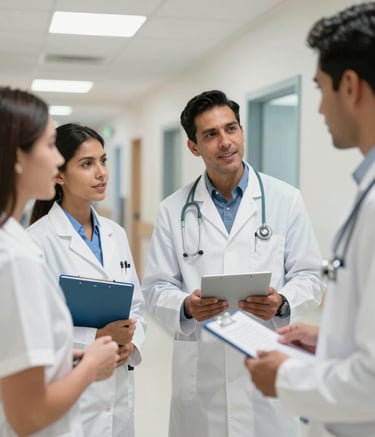 Smiling medical team using synchronized devices in a busy hospital corridor.