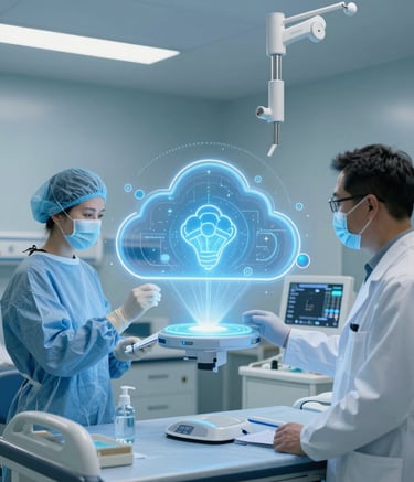 A modern hospital control room with AI dashboards displaying patient data.