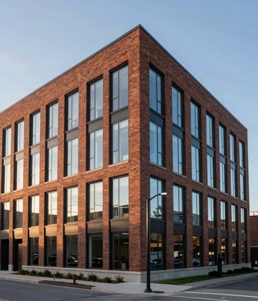 A professional exterior shot of a modern, renovated brick and glass tech office building in Kitchener, Ontario. The lighting is early morning, crisp and clear, reflecting a reliable and forward-thinking corporate atmosphere.