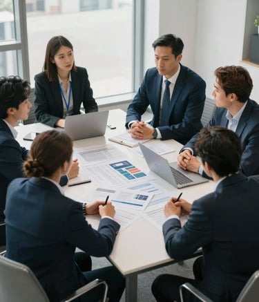 A high-angle shot of a professional North American collaborative team meeting in a bright, modern office in Kitchener, Ontario. They are discussing a project around a sleek table, with soft natural light and a palette of deep blues and light grays.