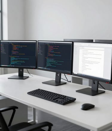 A minimalist, high-tech workspace featuring multiple monitors showing code and app designs. The setting is a bright, airy office in North America with clean lines and professional lighting.