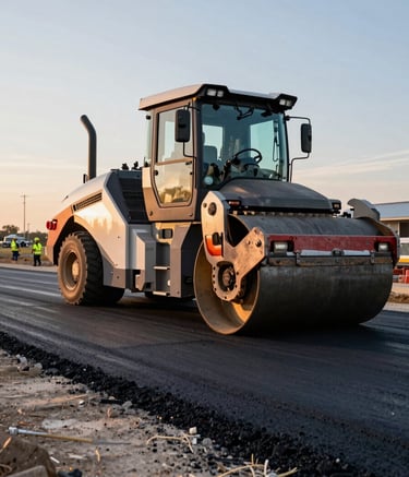 Wide-angle photography of a North American road construction site. A modern asphalt paver and a heavy steam roller operate at sunset. The lighting is warm and dramatic, highlighting the charcoal gray of the fresh pavement and the slate blue reflections on the machinery. Professional crew members in safety gear are visible in the distance under a clear sky.
