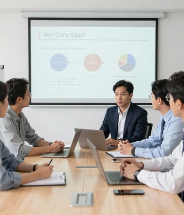 Corporate meeting room with diverse team discussing supply chain strategies.