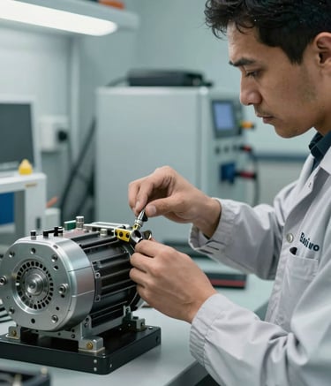 A close-up shot of a professional technician in a modern América do Sul / Brasileiro workshop, wearing a clean uniform, precisely adjusting a complex electromechanical motor. The lighting is crisp and professional, highlighting technical expertise, with soft Slate Blue and Light Blue Gray tones in the background equipment.