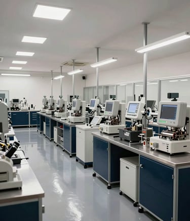 An wide-angle architectural shot of a clean, modern electromechanical workshop in América do Sul / Brasileiro. The space is organized with high-end diagnostic tools, metallic surfaces, and a polished floor reflecting the professional Dark Navy and Off-White brand colors.
