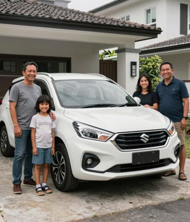 A warm, bright photograph of a Southeast Asian / Indonesian family smiling while standing next to their new white Suzuki Ertiga in a modern residential driveway. The lighting is natural and inviting, emphasizing a professional and happy customer experience.