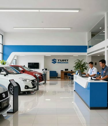 A wide-angle interior shot of a modern Suzuki showroom in Indonesia. The space is clean, with sky blue and white accents, featuring several car models on display and a professional reception desk with friendly Southeast Asian / Indonesian staff.