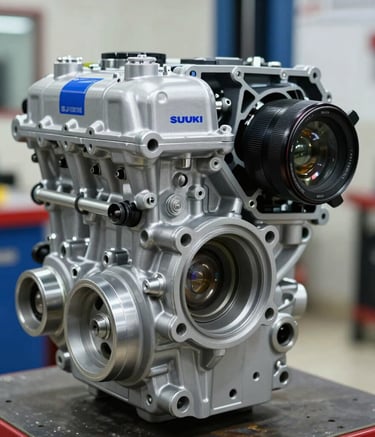 A close-up, high-detail professional photograph of a Suzuki engine and internal components, showcasing engineering precision and quality. Lighting is clean and modern with subtle royal blue highlights, reflecting a professional Indonesian service center environment.