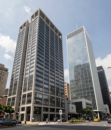 Wide shot of a contemporary financial district in Bogotá with South American / Colombian architectural style. Bright daylight, clean lines, professional atmosphere reflecting stability and urban growth.