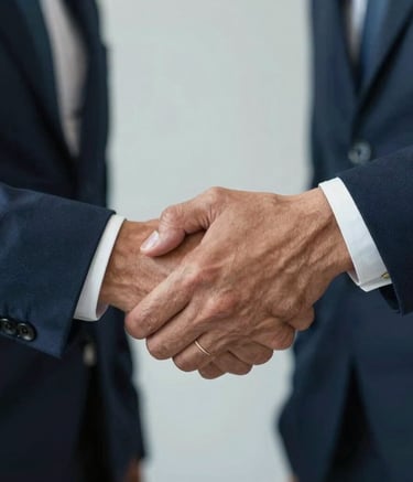 Close up of a firm handshake between South American / Colombian professionals in business suits, symbolizing trust, modern office setting with a blurred dark blue and light gray background.