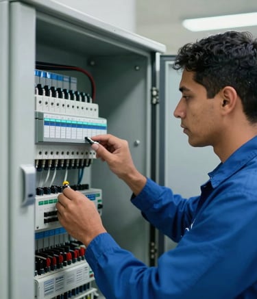 A close-up photograph of a professional technician in a blue uniform inspecting an electrical control panel in a modern South American Brazilian building, sharp focus, technical atmosphere, lighting reflecting blue and cyan tones.