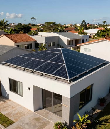 A sunny view of a modern South American Brazilian suburban house with a complete solar energy system on the roof, clean lines, professional real estate photography style.