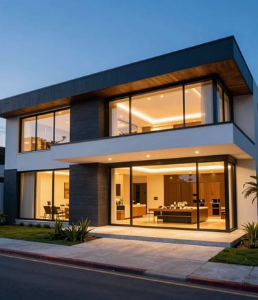 Wide shot of a luxury modern South American Brazilian home at dusk, featuring automated warm interior lighting and large glass windows, exterior with dark blue and white textures, elegant professional architecture photography.