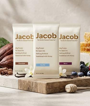Jacob clean protein bars in chocolate, vanilla, and berry flavors with raw ingredients and honey.