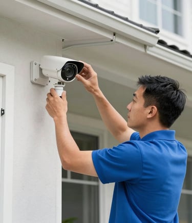 Professional security technician in a clean blue polo shirt installing a security camera on a modern North American home exterior during daytime, bright and trustworthy atmosphere.