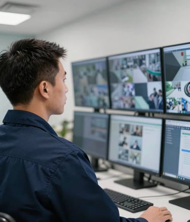 Over-the-shoulder shot of a technician in a navy blue uniform looking at a wall of security monitors in a clean, modern North American office, professional lighting, crisp composition.