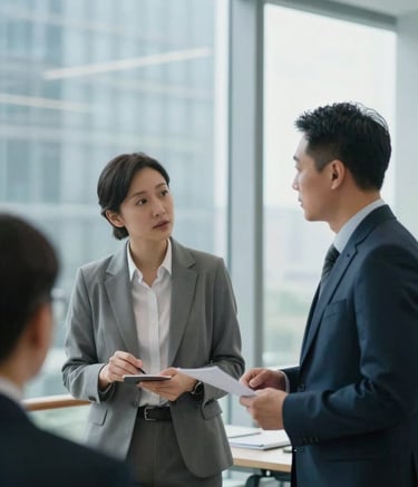 Photography of a professional consultant in corporate attire discussing data strategy in a bright, modern North American glass-walled office, soft natural lighting, light blue and white color palette.