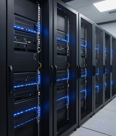 Photography of a clean, sophisticated North American server room with glowing blue accent lights, showcasing organized high-tech infrastructure and professional technical proficiency.