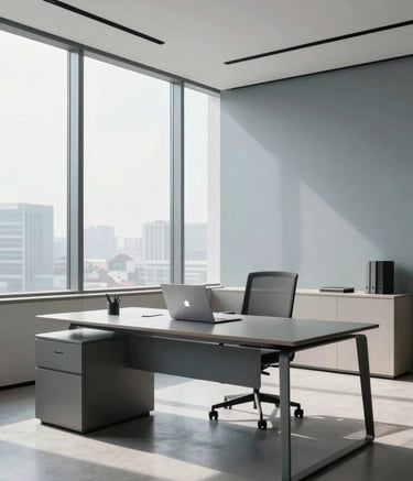 An elegant, wide-angle shot of a modern, minimalist office interior. Large windows allow natural light to hit a sleek desk with a high-end laptop. The room is decorated with subtle accents in muted blue-grey and soft off-white, exuding professionalism and digital expertise.