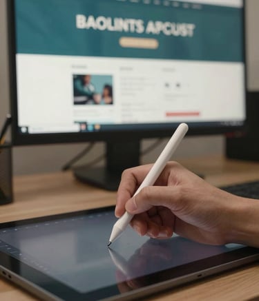 A close-up photograph of a professional designer's hands using a precision stylus on a digital tablet. In the background, a blurred high-resolution monitor displays a website layout featuring deep teal and soft off-white elements. The lighting is clean and focused, reflecting a modern studio environment.