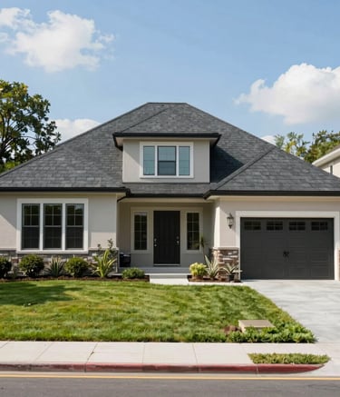 A wide-angle professional photograph of a beautiful modern residential home in Manalapan with a brand new dark slate-colored roof. Well-manicured lawn, bright sunny day, North American / US suburban setting.