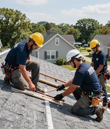 A professional roofing crew wearing safety gear and navy blue branded uniforms working on a suburban rooftop in New Jersey. Clean, modern, bright daylight photography showing quality craftsmanship, North American / US architectural style.