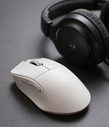 A macro photography shot of premium gaming hardware, including a sleek aluminum mouse and a high-fidelity headset resting on a charcoal gray surface. The lighting uses soft off-white tones to highlight the textures and futuristic engineering of the gear in a North American / US studio setting.