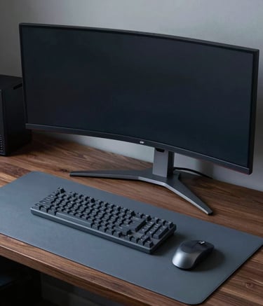 A high-end, minimalist gaming setup in a North American / US home office. The desk is a clean, dark wood surface featuring a single ultra-wide monitor, a charcoal gray mechanical keyboard, and a muted slate blue desk mat. The lighting is soft and moody, emphasizing a professional and focused atmosphere.
