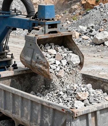Close-up of industrial machinery loading crushed white rock and gravel into a heavy-duty truck in a South American mining setting, sharp focus, professional industrial photography style.
