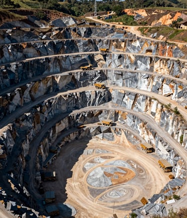 A high-angle, wide shot of a massive limestone quarry in Rurópolis, Brazil, showing layers of earth and large mining trucks, bright midday sun, deep slate and earthy green tones.