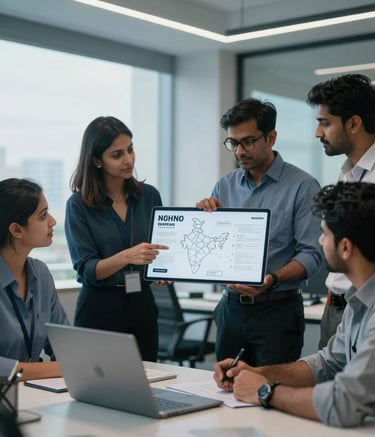 A sleek, modern office in Mumbai with a South Asian / Indian professional team discussing a digital branding map of India, morning soft blue lighting, professional photography.