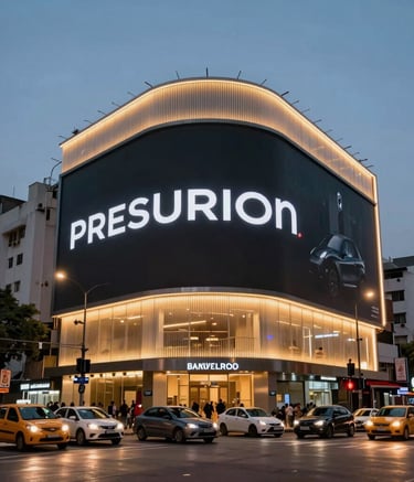 A large, illuminated premium hoarding at a busy Bangalore intersection at twilight, sleek modern design, professional photography, South Asian / Indian cityscape.