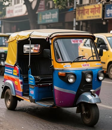 High-resolution photo of a branded auto-rickshaw and a cab wrapped in vibrant advertising driving through a bustling New Delhi street, South Asian / Indian urban environment, daylight.
