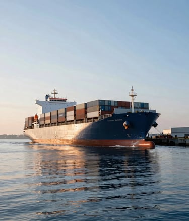 Cinematic wide-angle photograph of a massive container ship departing a modern deep-water port at sunrise. The calm ocean water reflects the ice blue sky. The atmosphere is professional and efficient, captured in a Global / International setting.