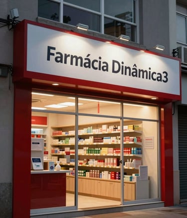Photography of a modern pharmacy storefront in a vibrant South American / Brazilian neighborhood at dusk. The sign says 'Farmácia Dinâmica' in professional lettering. Warm lighting glows from inside, showcasing clean shelves and a welcoming atmosphere with deep red and charcoal accents.