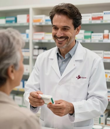 A professional pharmacist wearing a clean white coat with a subtle deep red logo, smiling warmly while explaining a medication package to an elderly customer in a modern, brightly lit South American / Brazilian pharmacy interior. Soft off-white and charcoal accents in the background.