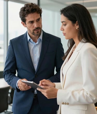 A professional portrait of two South American business partners, a man and a woman, in a sophisticated office in Brazil. They are dressed in professional attire—navy blue suit and a mist white blazer—engaged in a serious but positive discussion over a project. The lighting is bright and natural, reflecting credibility and trust.