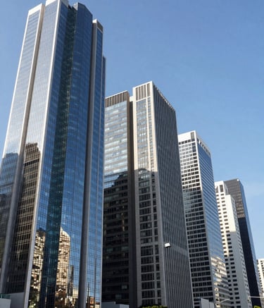 A wide-angle photography of a modern financial district in a Brazilian capital city. The architecture features glass and steel skyscrapers reflecting a clear sky blue. The scene is clean, professional, and captures the essence of stability and high-level corporate growth.