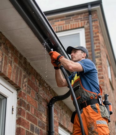 Wide shot of a commercial site mid-clean, showing power washing in action.