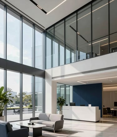 A sleek, modern Global / International corporate office lobby with glass walls and minimalist furniture. Soft Sky Blue and Deep Navy accents in the decor. High-end architectural photography under bright, natural light.