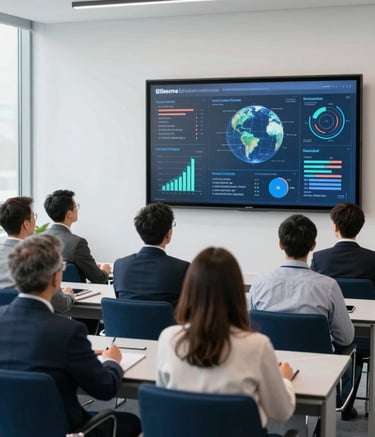 A diverse group of professionals in a Global / International high-tech conference room, looking at a large screen with data visualizations. The room is bright and clean with Ice White walls and Deep Navy furniture accents, reflecting a professional, results-driven atmosphere.