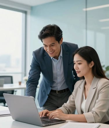 A professional mentor and a client in a modern South American office setting, looking at a laptop together with optimistic expressions. Bright natural light, clean interior with light blue and near white accents, professional yet supportive atmosphere.