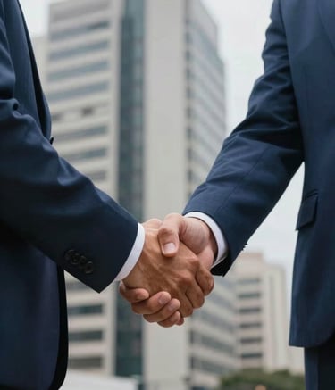 Close-up of two professionals shaking hands in a high-rise office in São Paulo. Trustworthy and corporate feel, daytime lighting, showcasing a successful professional connection. Palette colors like dark blue and medium blue are visible in their attire.