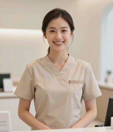 A professional female aesthetician in a tailored beige uniform, smiling warmly in a bright, modern clinic reception. The aesthetic is clean and professional, with soft lighting and neutral tones of #9E8C78 and #F9F4ED.