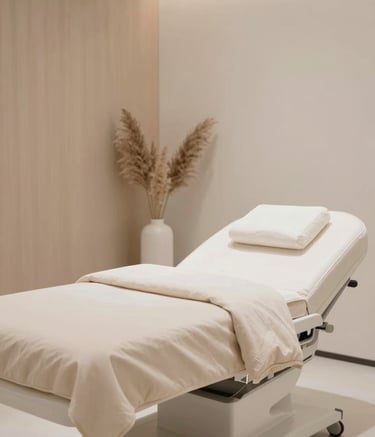A high-end, minimalist treatment room featuring a sleek white clinical bed with plush beige linens. The background includes a subtle wooden wall panel and a vase with dry pampas grass, reflecting a serene and modern atmosphere with a palette of #DDCDBB and #F9F4ED.