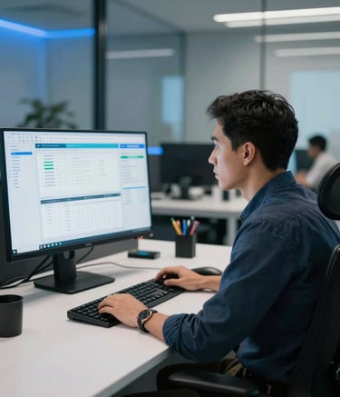 A focused digital strategist in a high-end North American / US office setting, viewed from the side, looking at a large monitor displaying data analytics. The environment features a pure white desk, a rich black ergonomic chair, and vibrant blue lighting accents reflecting off glass surfaces. The composition is professional and results-driven.