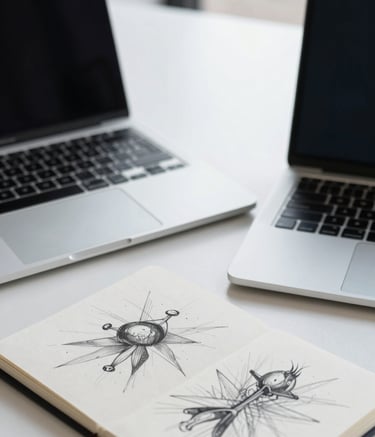 A close-up of a sleek, minimalist workplace in a North American / US office. A high-end laptop is open on a pure white surface next to a notebook with deep slate grey ink sketches. The scene is illuminated by soft, natural light, conveying an atmosphere of innovation and strategic thinking.