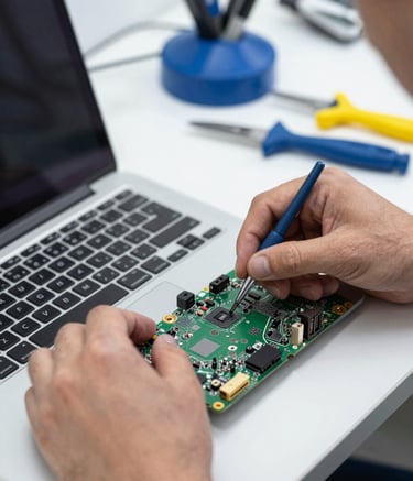 Close-up of a skilled technician's hands repairing a high-end laptop motherboard in a modern Sul-Americano / Brasileiro workshop. The environment is clean and organized, with bright White lighting and Dark Blue accents in the background tools.