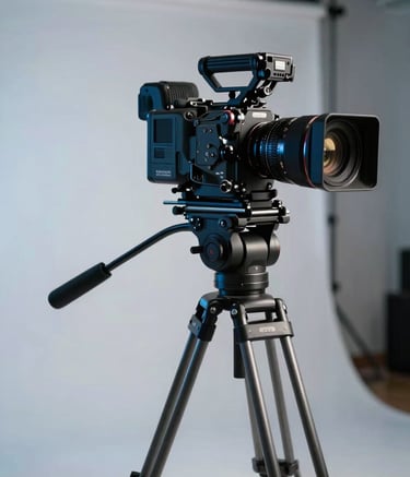 A high-end cinema camera on a professional tripod, positioned in a modern studio in a Sul-Americano / Brasileiro city. The lighting is cinematic and dramatic, featuring soft Blue and White highlights against a clean background.